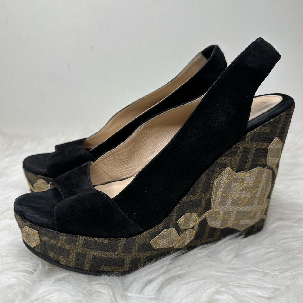 Fendi Women’s Suede Zucca Appliqued Wedge
Platform Slingback Sandals Size 39